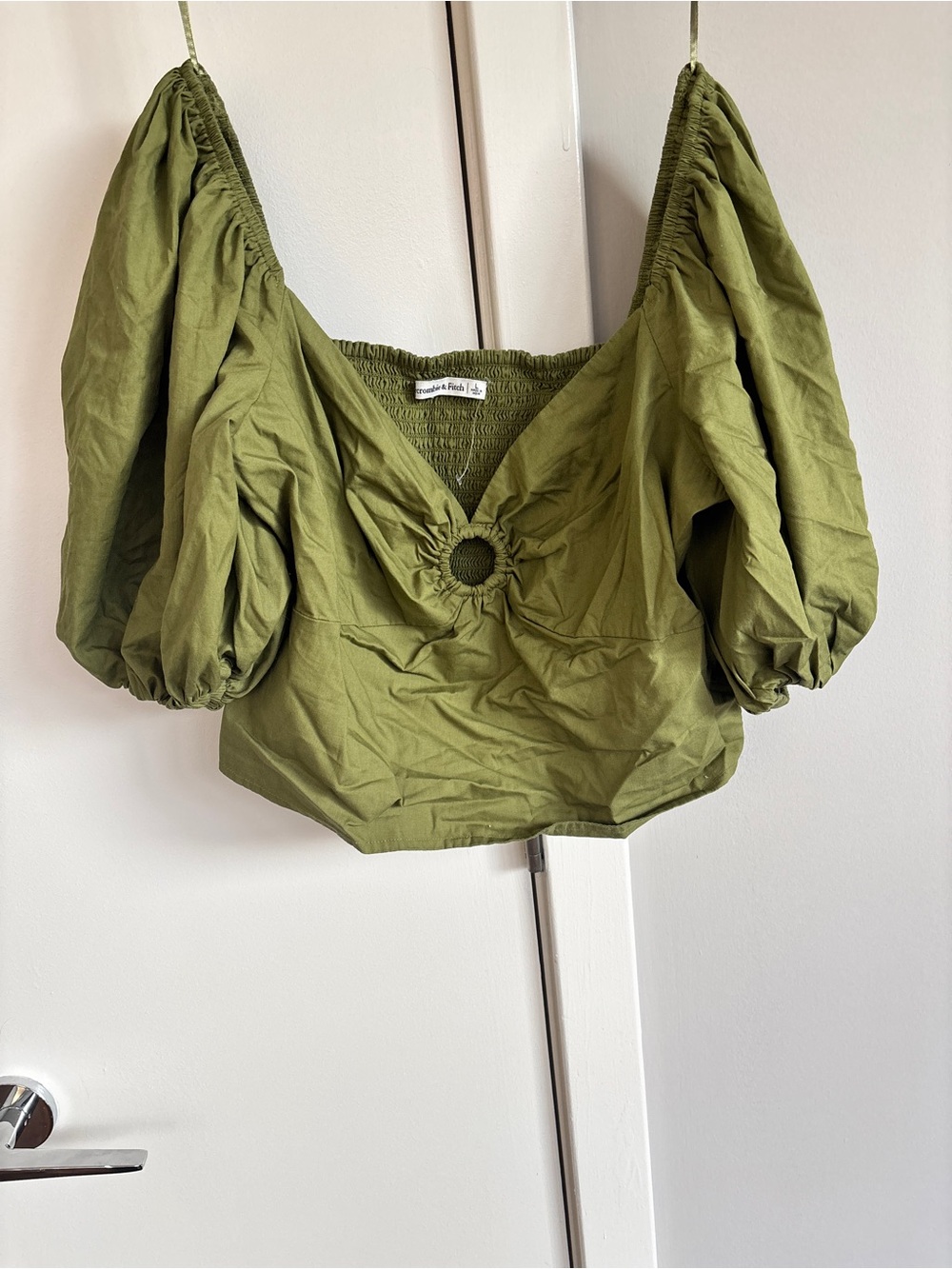 Abercrombie Olive Green Puff Sleeve Crop Top with Ring Detail